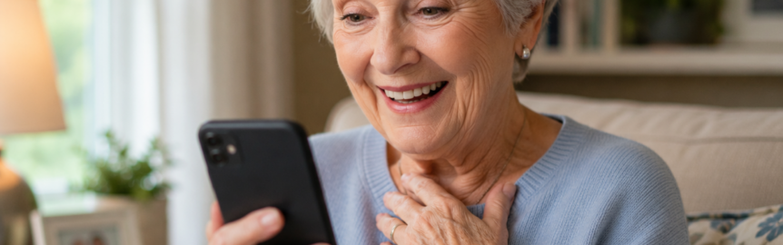 an older woman reading something on her phone and her expression is delighted, as though she has received some very good news